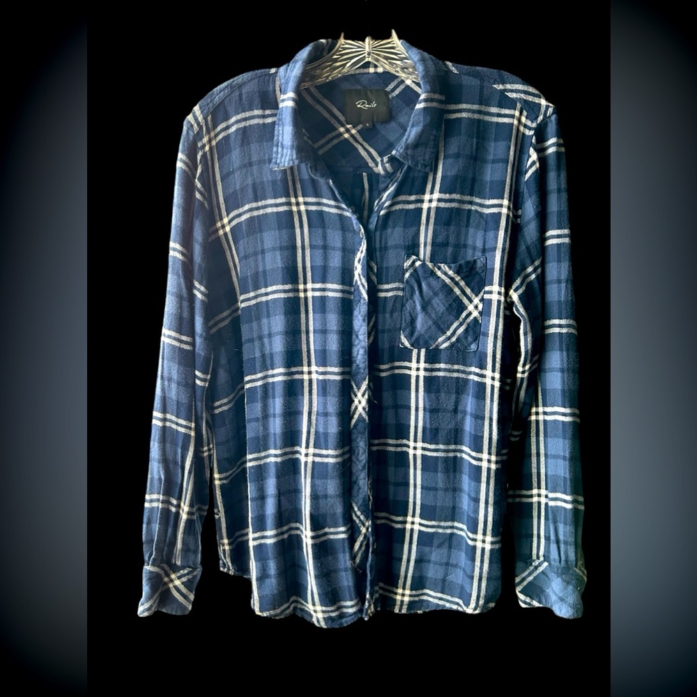 RAILS Hunter Button Down Shirt Midnight Blue White Plaid Silver Metallic Large